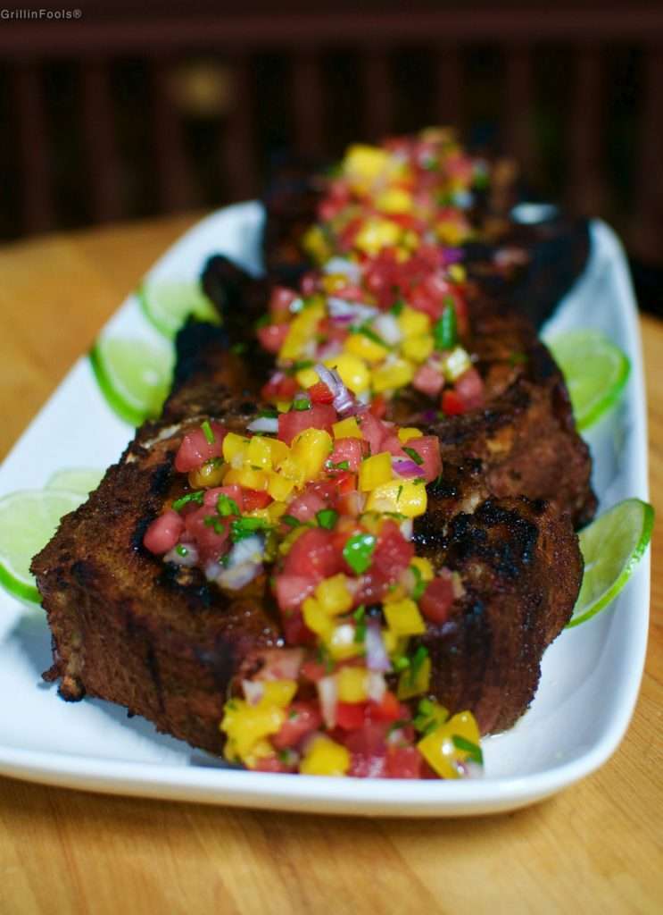 Reverse Seared Pork Chops with Watermelon Mango Salsa 19 | GrillinFools Reverse Seared Pork Chops with Watermelon Salsa