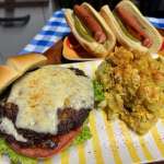 Smoked Potato Salad with Smash Burgers and Split Mustard Dogs